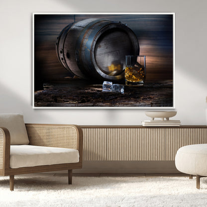 78049-MGV-CV-36X24-Whiskey Barrel Wall Art – Rustic Whiskey Barrel and Glass with Ice Canvas Print, Classic Bar or Lounge Decor for Home, Office, or
