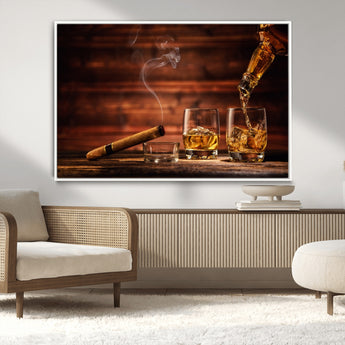 91042-MGV-CV-36X24-Whiskey & Cigar Wall Art – Elegant Whiskey Pour and Smoldering Cigar Canvas Print, Sophisticated Bar or Lounge Decor for Home,