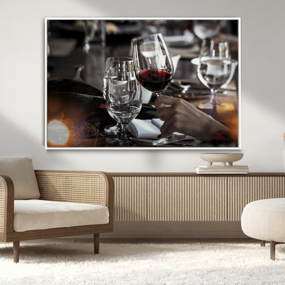 75513-MGV-CV-36X24-Elegant Wine Toast Wall Art – Close-Up Red Wine Glass at Dinner Table Canvas Print, Sophisticated Dining Room or Bar Decor