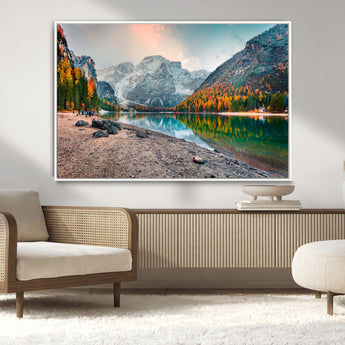 25982-MGV-CV-36X24-Autumn Mountain Lake Wall Art – Panoramic Fall Foliage and Snowy Peaks Canvas Print, Scenic Nature Decor for Living Room or Office