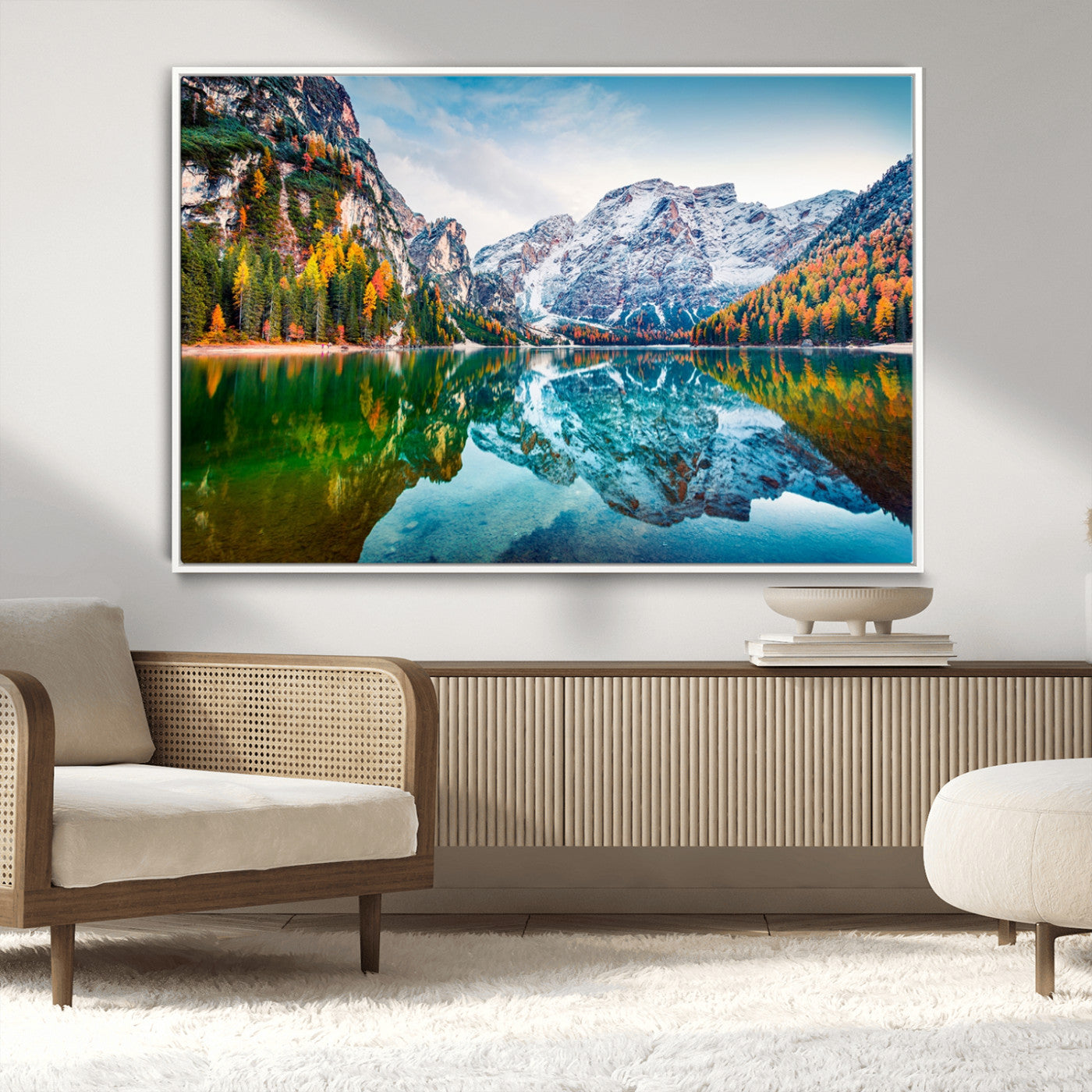 10402-MGV-CV-36X24-Snowy Mountain Lake Wall Art – Autumn Landscape Canvas Print with Reflection, Nature Decor for Living Room, Office, Bedroom or