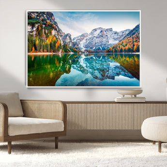10402-MGV-CV-36X24-Snowy Mountain Lake Wall Art – Autumn Landscape Canvas Print with Reflection, Nature Decor for Living Room, Office, Bedroom or