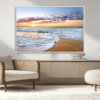 39560-MGV-CV-36X24-Sunrise Beach Wall Art – Vibrant Ocean Waves and Golden Sand Canvas Print, Seaside Coastal Decor for Living Room, Bedroom or