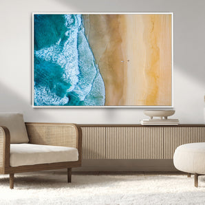 46640-MGV-CV-36X24-Aerial Beach Wall Art – Turquoise Waves and Golden Sand Canvas Print with Lone Surfer, Coastal Ocean Decor for Living Room,