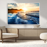 86173-MGV-CV-36X24-Golden Sunset Beach Wall Art – Reflective Ocean Canvas Print with Mountains and Waves, Coastal Nature Decor for Living Room,