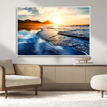 86173-MGV-CV-36X24-Golden Sunset Beach Wall Art – Reflective Ocean Canvas Print with Mountains and Waves, Coastal Nature Decor for Living Room,