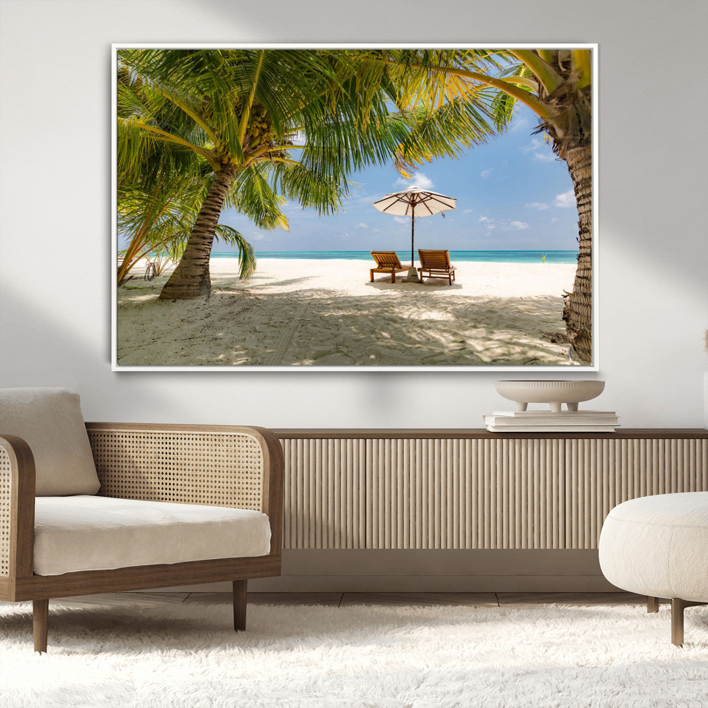 83601-MGV-CV-36X24-Tropical Beach Wall Art – Serene Palm Trees and Lounge Chairs Canvas Print, Relaxing Coastal Decor for Living Room, Bedroom or