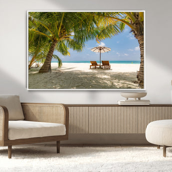 83601-MGV-CV-36X24-Tropical Beach Wall Art – Serene Palm Trees and Lounge Chairs Canvas Print, Relaxing Coastal Decor for Living Room, Bedroom or