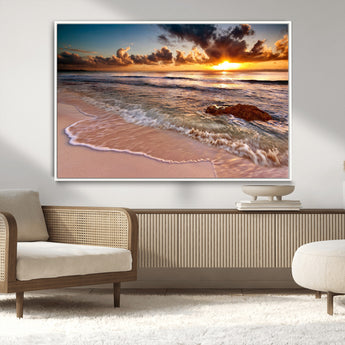 38302-MGV-CV-36X24-Sunset Beach Wall Art – Stunning Ocean Waves and Rock Canvas Print, Warm Coastal Decor for Living Room, Bedroom, Office or Beach