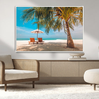 69754-MGV-CV-36X24-Tropical Beach Wall Art – Relaxing Palm Tree and Lounge Chairs Canvas Print, Serene Coastal Decor for Living Room, Bedroom, Office