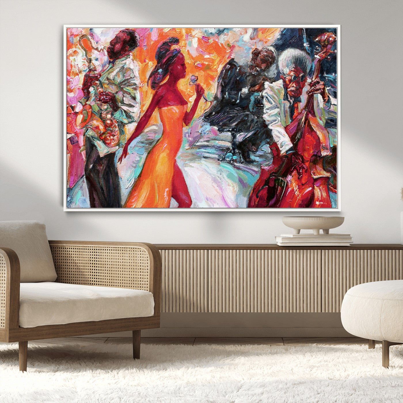 24452-MGV-CV-36X24-Vibrant Jazz Musician Painting - Expressive Art Print of Live Jazz Band, Perfect Wall Decor for Music Lovers and Art Enthusiasts
