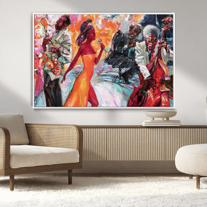 24452-MGV-CV-36X24-Vibrant Jazz Musician Painting - Expressive Art Print of Live Jazz Band, Perfect Wall Decor for Music Lovers and Art Enthusiasts
