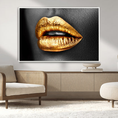84747-MGV-CV-36X24-Golden Lips Black & White Portrait – Glamorous Metallic Lip Art Print, Modern Wall Decor for Bedroom, Beauty & Fashion Lover Gift