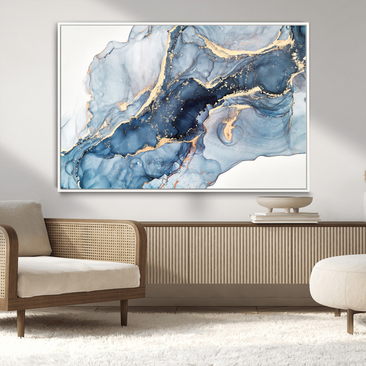 33782-MGV-CV-36X24-Abstract Marble Wall Art – Blue & Gold Fluid Painting Canvas Print, Modern Home Decor for Living Room, Bedroom or Office