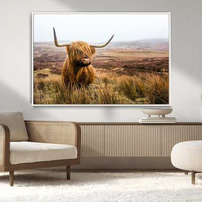 79391-MGV-CV-36X24-Majestic Highland Cow in Misty Scottish Moorland – Rustic Natural Charm, Perfect for Unique Home or Office Decor