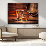 21266-MGV-CV-36X24-Pouring Whiskey into Glasses with Ice – Rustic Wooden Barrel Background, Warm Ambient Lighting, Ideal Decor for Home or Office