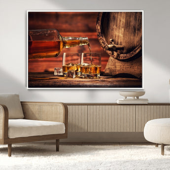 21266-MGV-CV-36X24-Pouring Whiskey into Glasses with Ice – Rustic Wooden Barrel Background, Warm Ambient Lighting, Ideal Decor for Home or Office