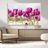 30632-MGV-CV-36X24-Purple Tulip Field Wall Art – Beautiful Spring Flowers Canvas Print with Soft Focus and Bright Sky, Ideal Floral Decor for Home or