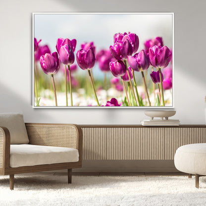 30632-MGV-CV-36X24-Purple Tulip Field Wall Art – Beautiful Spring Flowers Canvas Print with Soft Focus and Bright Sky, Ideal Floral Decor for Home or