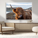 71222-MGV-CV-36X24-A playful Highland cow with shaggy fur sticks out its tongue, set against a rugged landscape — perfect for quirky home or office