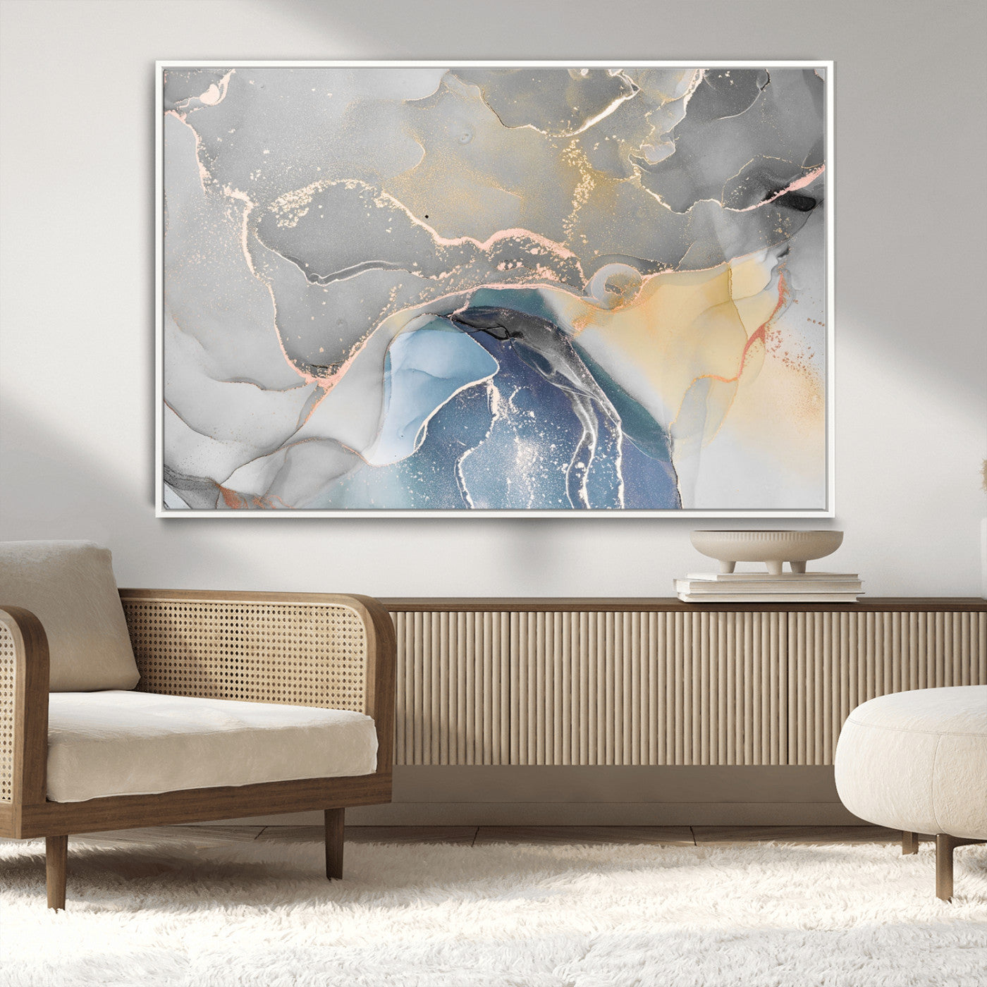 63211-MGV-FC-36X24_White-Abstract Fluid Art Wall Decor – Blue, Gray & Gold Canvas Print, Modern Home and Office Wall Art Decor for Living Room, Bedroom or