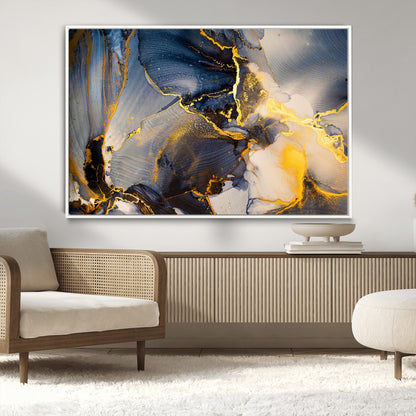 42100-MGV-CV-36X24-Golden Flow Abstract Wall Art – Panoramic Modern Blue and Gold Canvas Print, Contemporary Artistic Decor for Home, Office