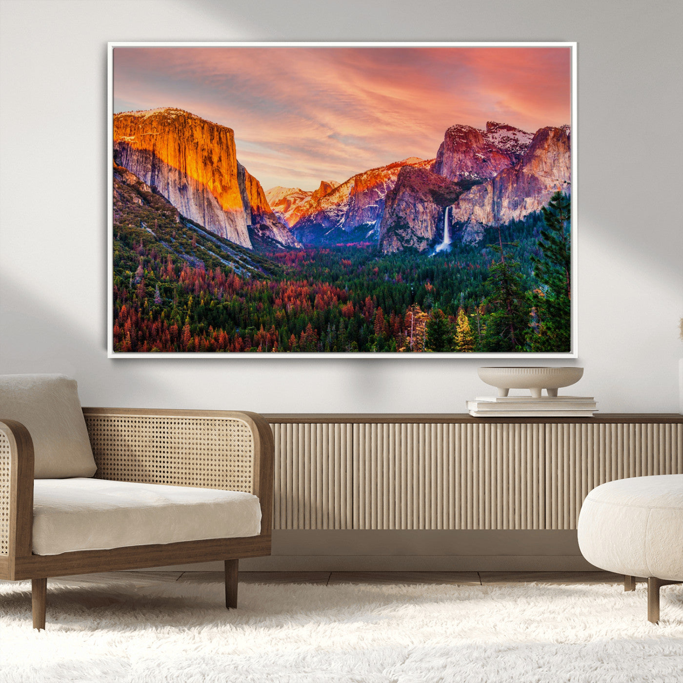 24519-MGV-CV-36X24-Yosemite Valley Sunset Wall Art – Majestic Mountain Landscape with Waterfall and Vibrant Sky, Nature Photography for Home or