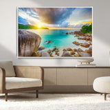 23769-MGV-CV-36X24-Tropical Beach Sunset Wall Art – Ocean Waves and Rocky Shore Canvas Print, Coastal Seascape Photography Decor