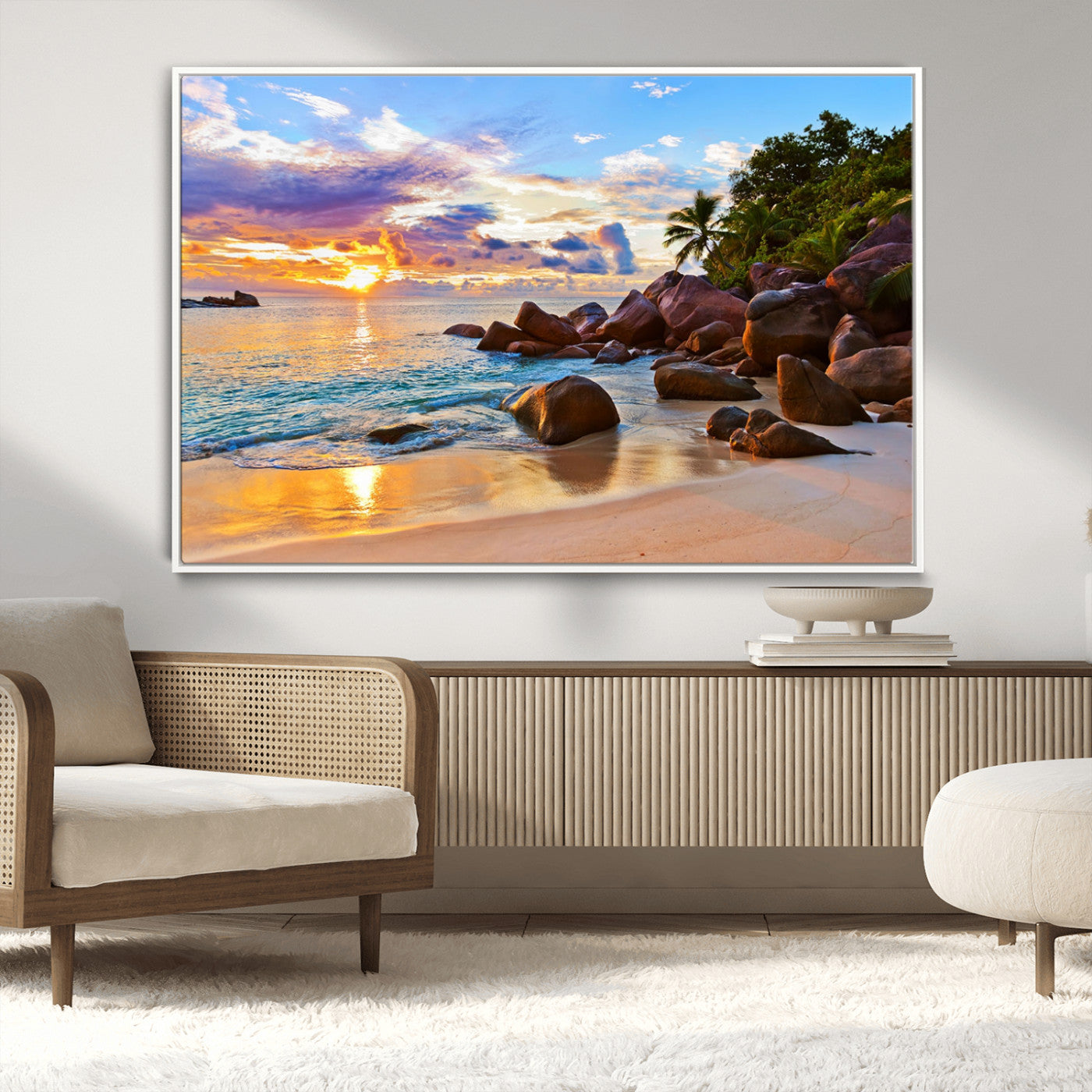 43209-MGV-CV-36X24-Tropical Beach Sunset Wall Art – Golden Ocean Waves and Palm Trees with Rocky Shore Canvas Print, Coastal Seascape Decor for