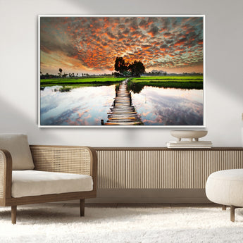 29105-MGV-CV-36X24-Rustic Wooden Bridge Wall Art – Scenic Sunset Over Rice Fields and Reflective Water Canvas Print, Nature Landscape Decor for