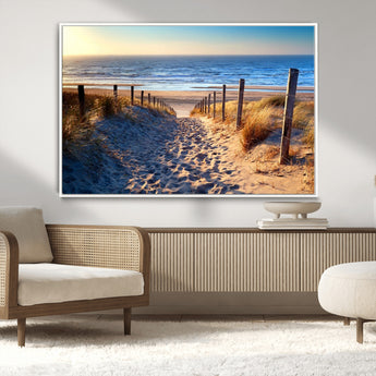 31889-MGV-CV-36X24-Sandy Beach Pathway Wall Art – Coastal Dune Fence and Ocean View Canvas Print, Relaxing Seaside Landscape Decor for Living Room or