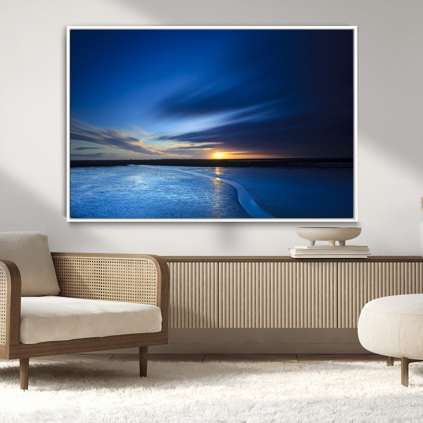65405-MGV-CV-36X24-Blue Sunrise Seascape Wall Art – Tranquil Ocean Horizon Canvas Print with Golden Sunlight and Deep Sky, Coastal Landscape Decor