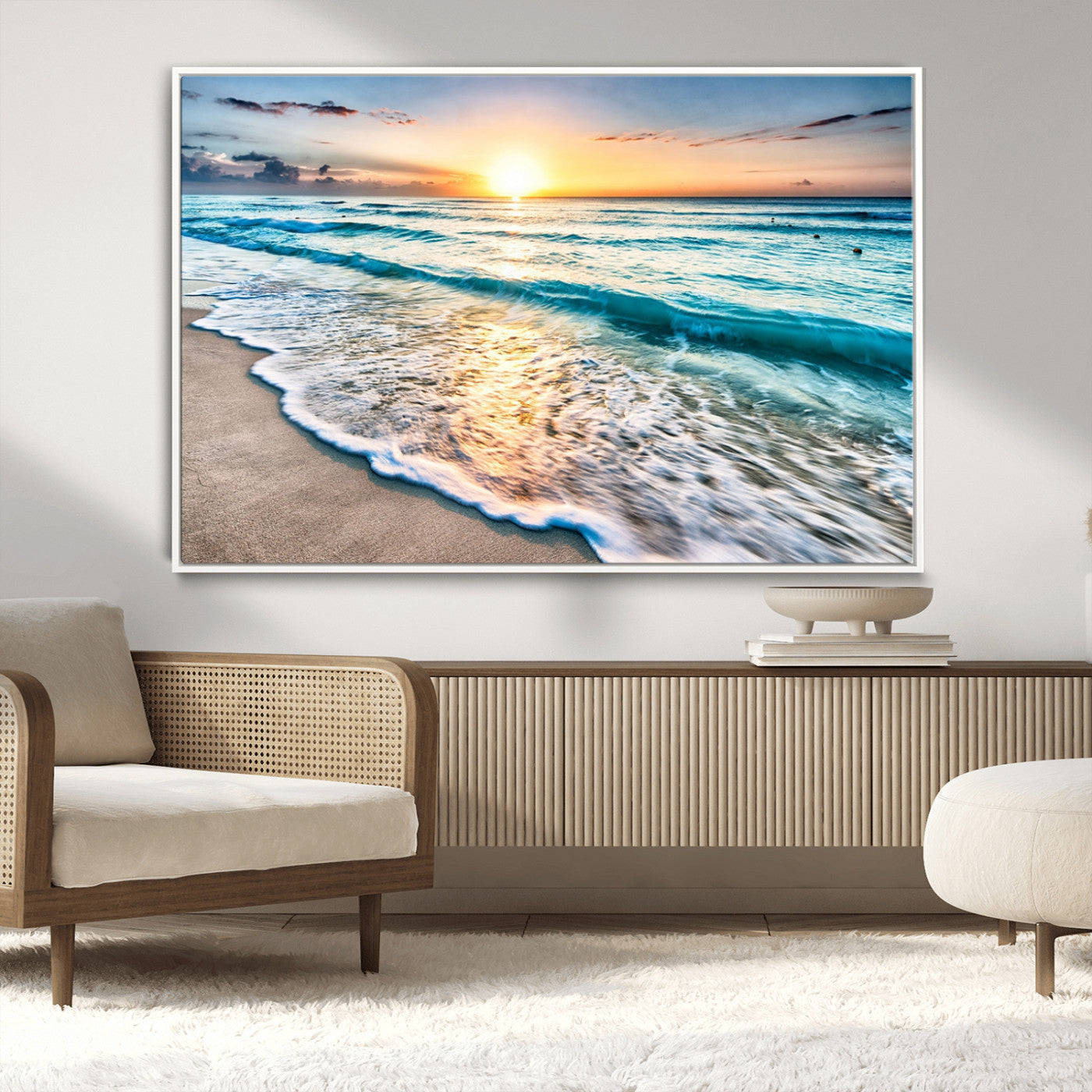 27815-MGV-CV-36X24-Ocean Sunrise Beach Wall Art – Serene Coastal Canvas Print with Waves and Golden Morning Light, Relaxing Seascape Decor for