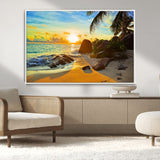 26181-MGV-CV-36X24-Golden Tropical Sunset Beach Wall Art – Ocean Canvas Print with Palm Trees and Rocks, Coastal Paradise Decor for Living Room or