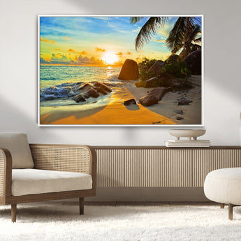 26181-MGV-CV-36X24-Golden Tropical Sunset Beach Wall Art – Ocean Canvas Print with Palm Trees and Rocks, Coastal Paradise Decor for Living Room or