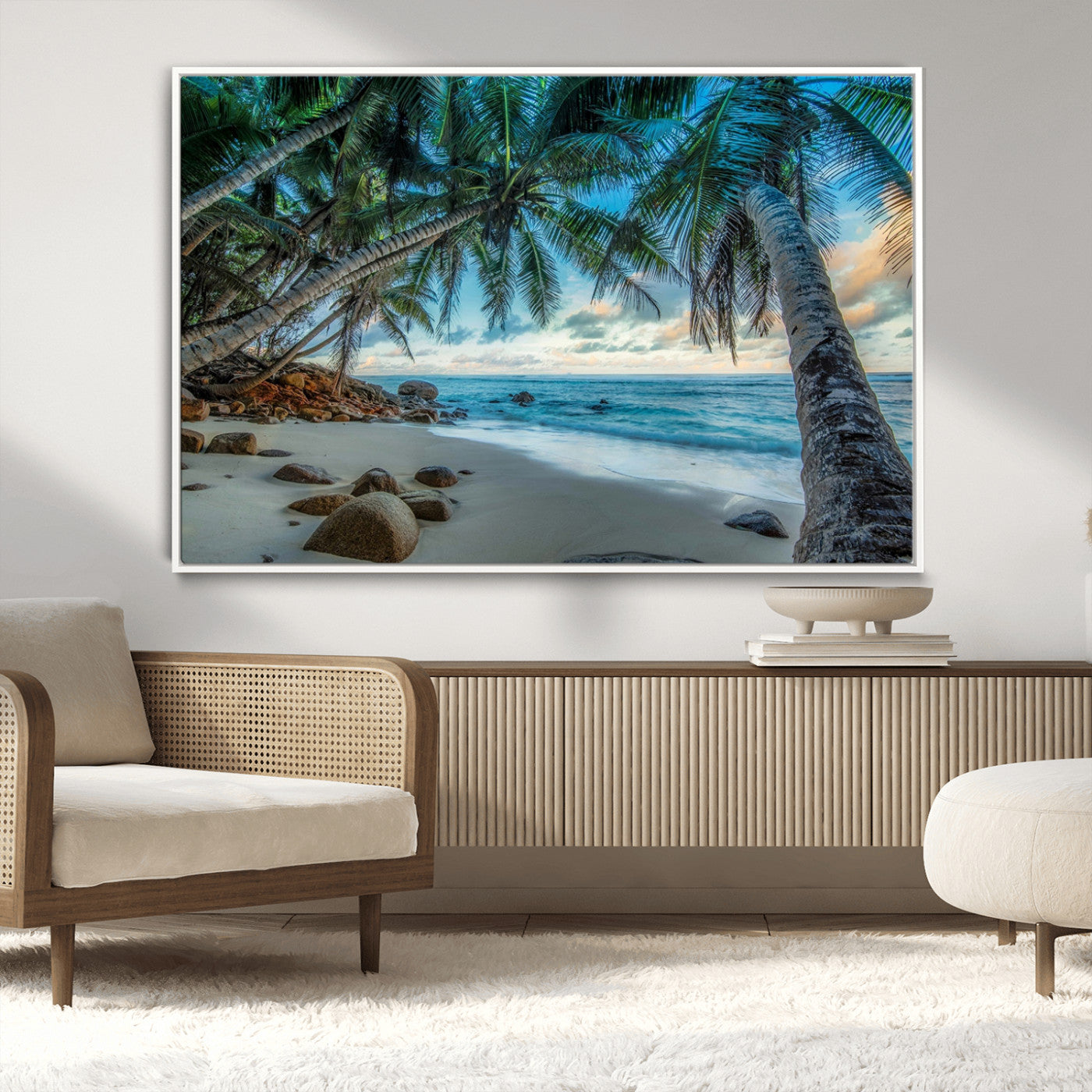 39679-MGV-CV-36X24-Tropical Palm Beach Wall Art – Serene Ocean Canvas Print with Palm Trees and Rocks, Coastal Paradise Decor for Living Room or