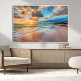 41572-MGV-CV-36X24-Sunset Beach Wall Art – Ocean Waves and Palm Trees Canvas Print, Tropical Coastal Sunset Seascape Decor for Living Room, Bedroom