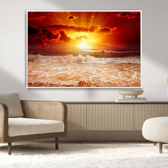 60211-MGV-CV-36X24-Fiery Sunset Ocean Waves Canvas Print – Vibrant Red & Orange Coastal Wall Art, Dramatic Seascape Decor