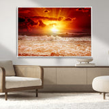 60211-MGV-CV-36X24-Fiery Sunset Ocean Wall Art – Red Sky Seascape Canvas Print with Waves, Bold Coastal Sunset Decor for Living Room or Bedroom