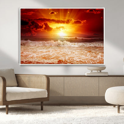 60211-MGV-CV-36X24-Fiery Sunset Ocean Wall Art – Red Sky Seascape Canvas Print with Waves, Bold Coastal Sunset Decor for Living Room or Bedroom
