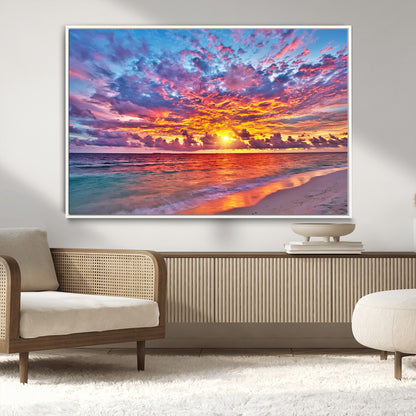 72836-MGV-CV-36X24-Fiery Sunset Beach Wall Art – Panoramic Vibrant Ocean Canvas Print, Dramatic Coastal Decor for Living Room, Bedroom or Office