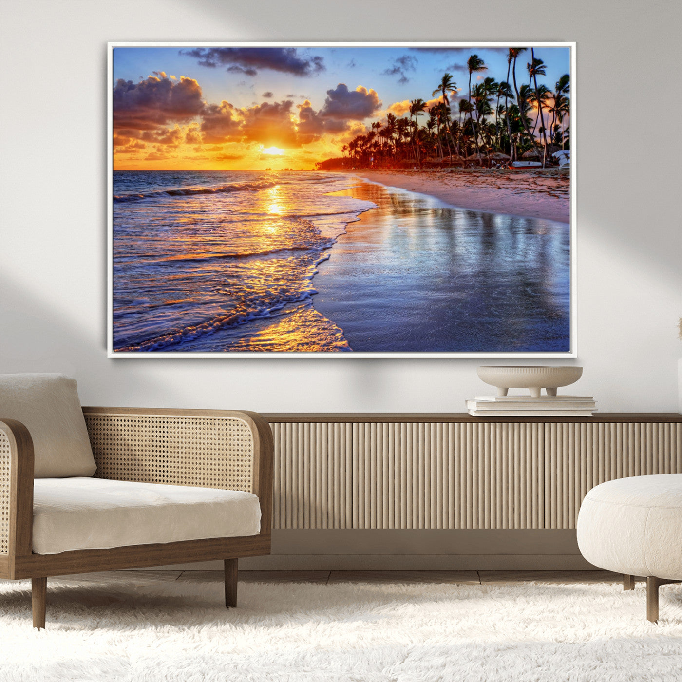 19917-MGV-CV-36X24-Tropical Sunset Beach Wall Art – Panoramic Palm Trees and Ocean Canvas Print, Vibrant Coastal Decor for Living Room, Office or Man