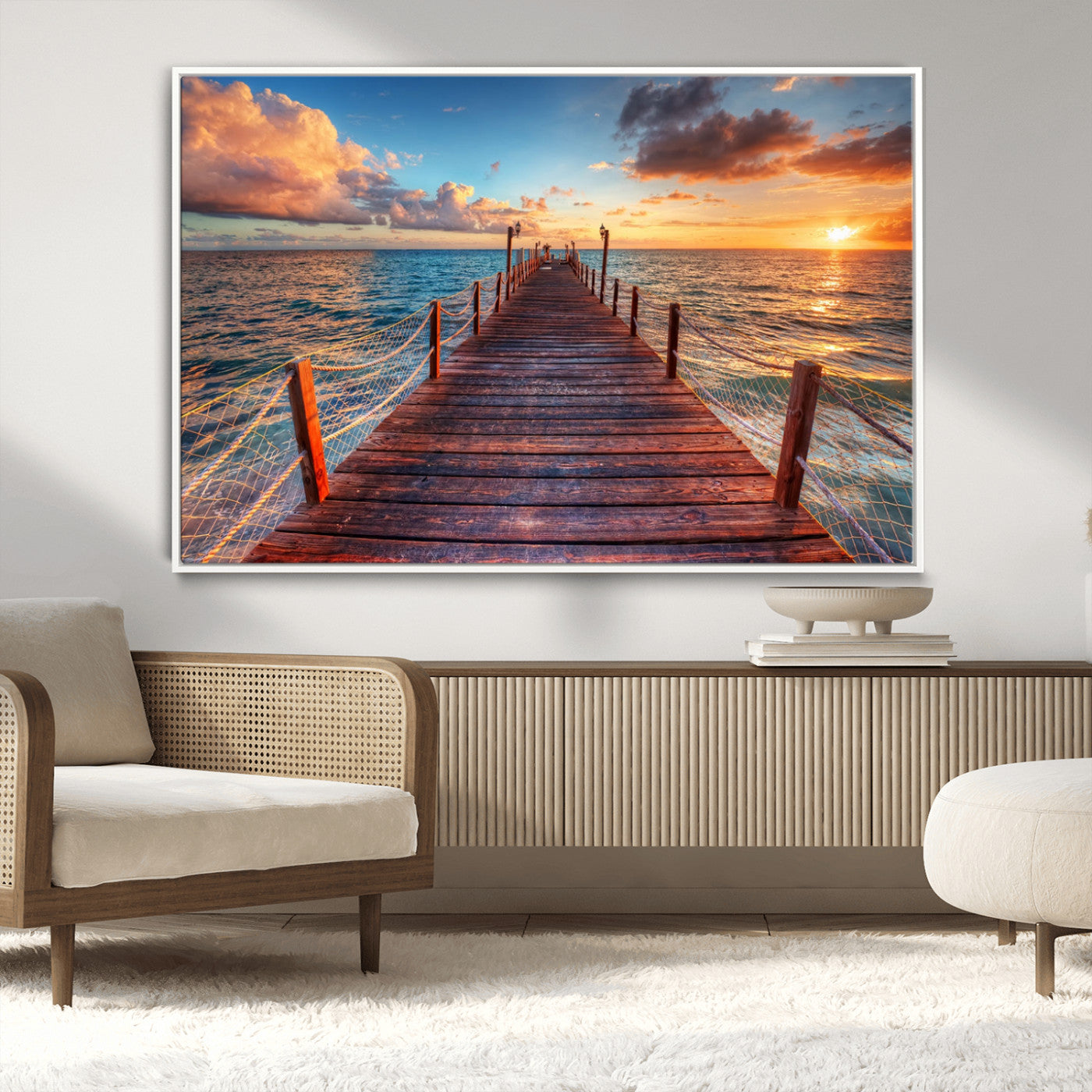 28836-MGV-CV-36X24-Ocean Pier Sunset Wall Art – Wooden Dock and Golden Horizon Canvas Print, Coastal Seascape Photography for Living Room, Bedroom,