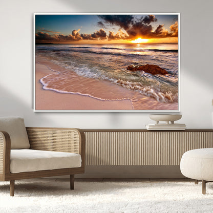 80979-MGV-CV-36X24-Golden Sunrise Beach Wall Art – Ocean Waves and Sandy Shore Canvas Print, Coastal Sunset Photography Artwork for Living Room,