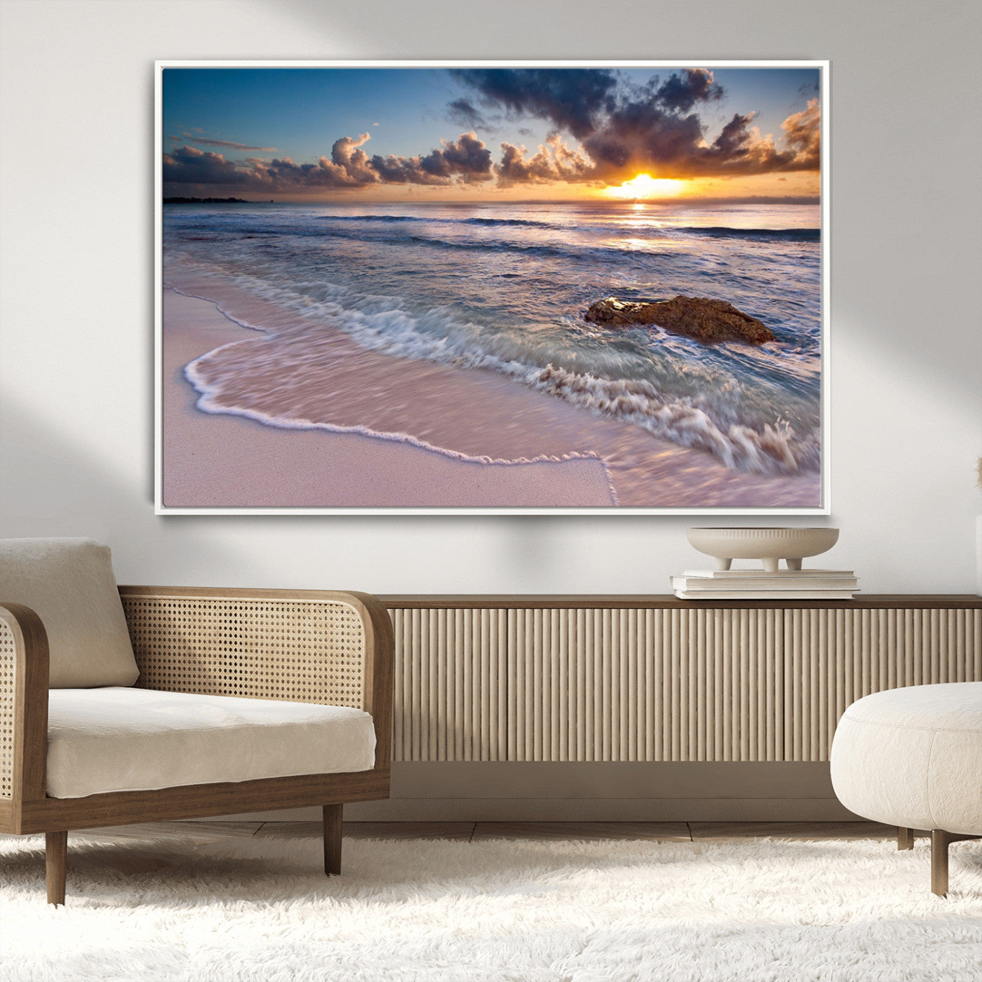 94906-MGV-CV-36X24-Sunrise Beach Wall Art – Panoramic Ocean Waves Canvas Print, Coastal Sunset Seascape Artwork for Living Room, Bedroom, or Office