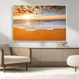 15399-MGV-CV-36X24-Golden Sunrise Beach Wall Art – Ocean Waves on Sandy Shore Canvas Print, Coastal Seascape Decor for Living Room or Bedroom