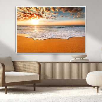 15399-MGV-CV-36X24-Golden Sunrise Beach Wall Art – Ocean Waves on Sandy Shore Canvas Print, Coastal Seascape Decor for Living Room or Bedroom
