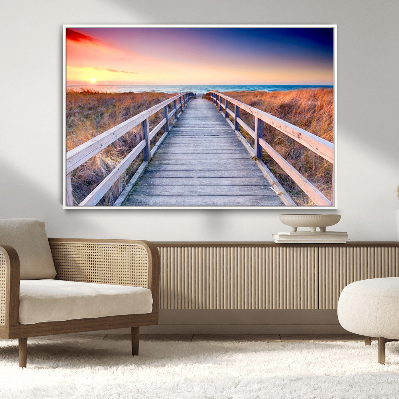 60625-MGV-CV-36X24-Beach Boardwalk Sunrise Wall Art – Coastal Pathway to Ocean Canvas Print, Seaside Landscape Decor for Home or Office