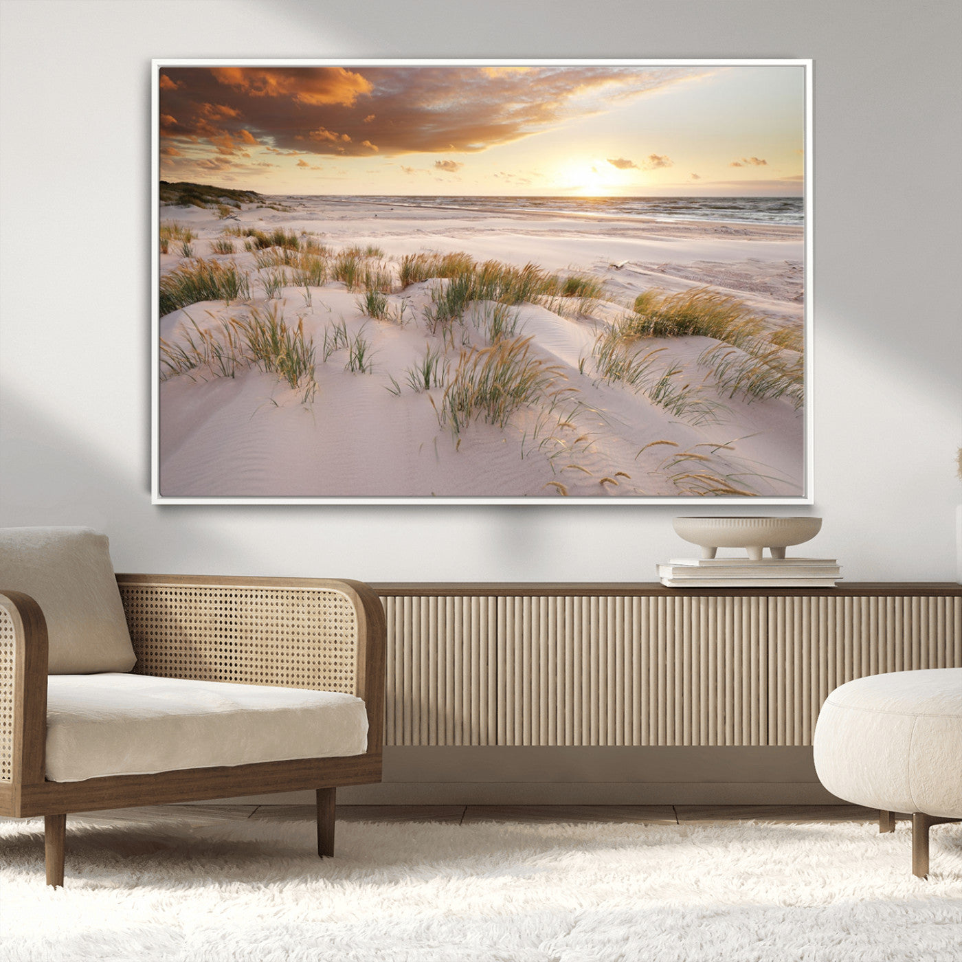 61246-MGV-CV-36X24-Coastal Sand Dunes Wall Art – Serene Beach Sunset Canvas Print with Grasses and Ocean View, Tranquil Seaside Decor for Living Room
