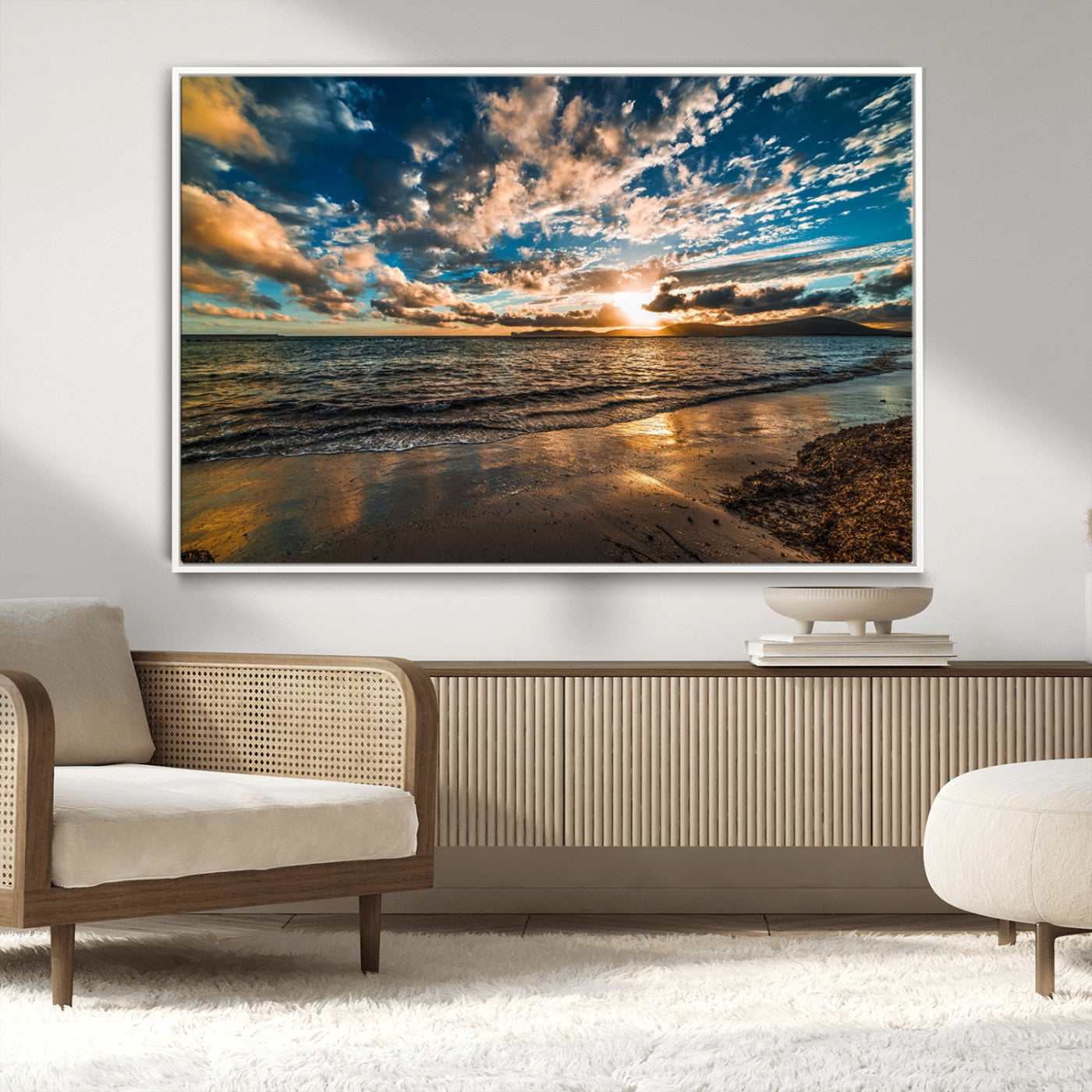 27977-MGV-CV-36X24-Golden Sunset Beach Wall Art – Dramatic Ocean Waves and Colorful Sky Canvas Print, Coastal Landscape Decor for Living Room,